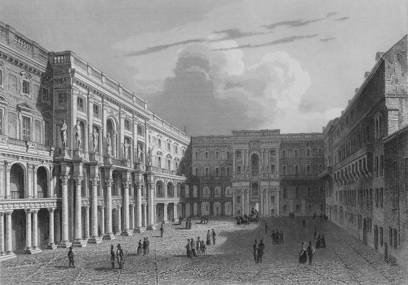 Vnitřní nádvoří královského paláce, Berlín (ocelová rytina) od German School