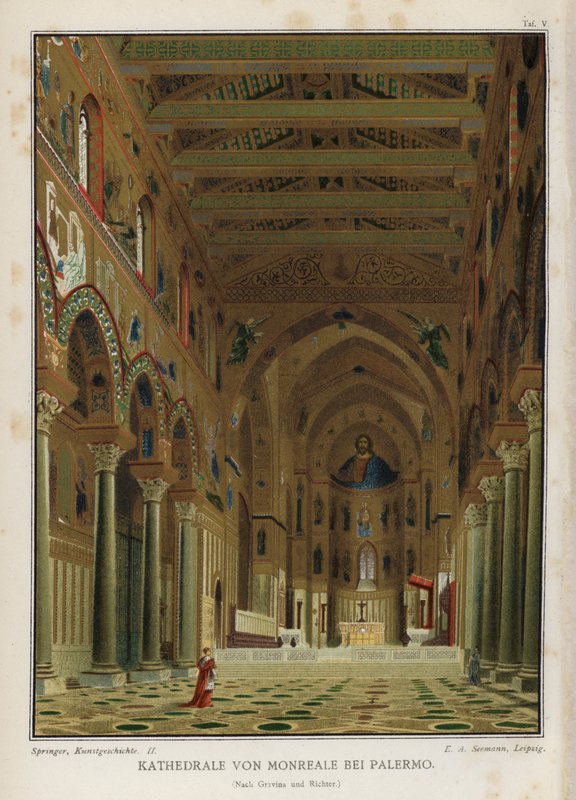 Interiér, katedrála Monreale, Palermo, Sicílie, Itálie (barva litho) od German School