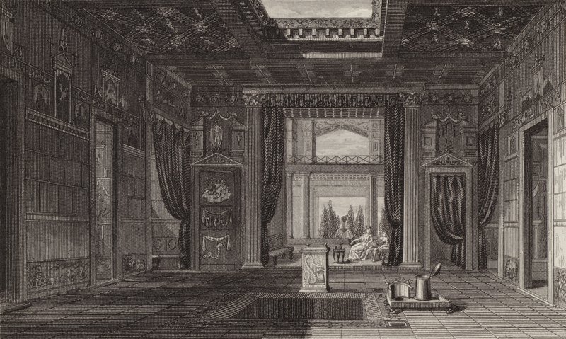 Interiér římského domu v Pompejích. Ilustrace pro Bilder-Atlas (rytina) od German School