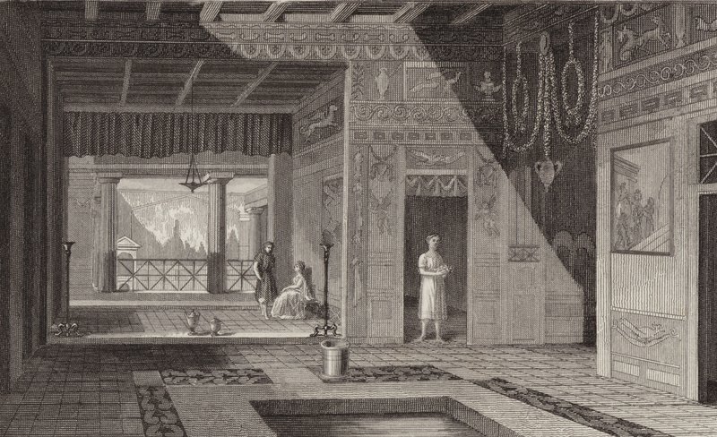 Interiér římského domu v Pompejích. Ilustrace pro Bilder-Atlas (rytina) od German School