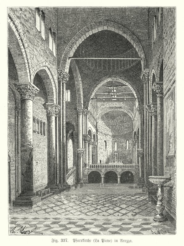 Interiér kostela Santa Maria della Pieve, Arezzo, Itálie (rytina) od German School