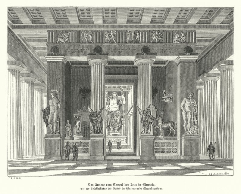 Interiér Diova chrámu v Olympii, starověké Řecko (rytina) od German School