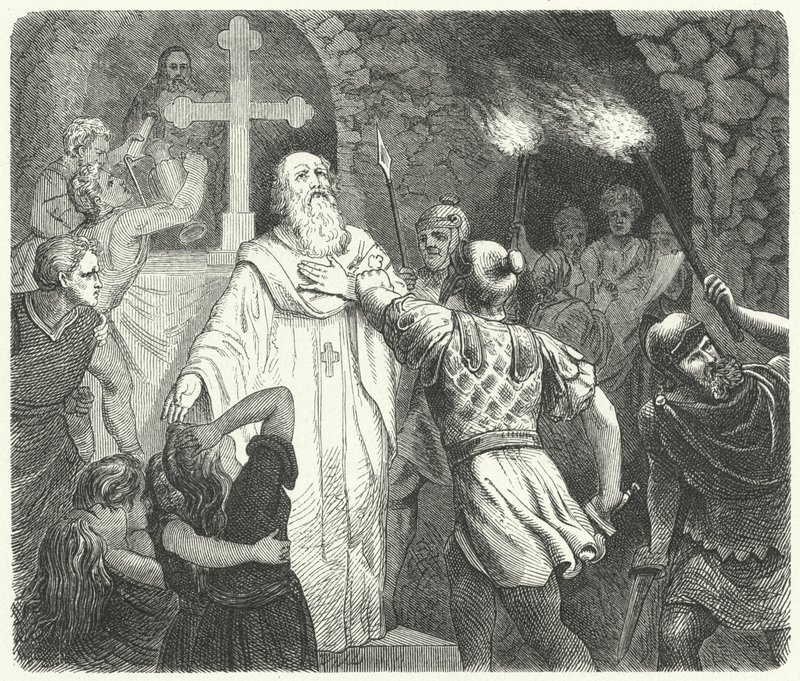 Přerušení křesťanské bohoslužby v římských katakombách (rytina) od German School