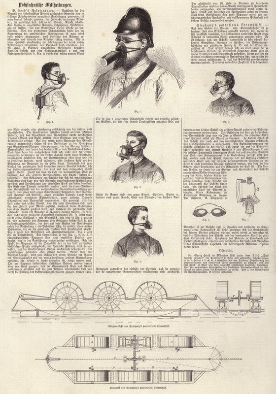 Vynálezy: B Loebovy respirátory a Stephanyho patentovaný motorový člun (rytina) od German School