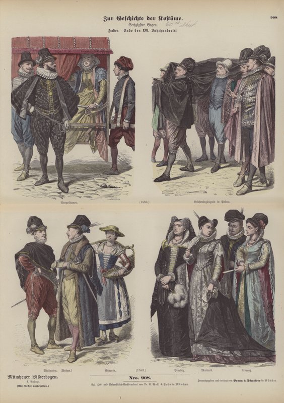 Italské kostýmy, konec 16. století (barevná rytina) od German School