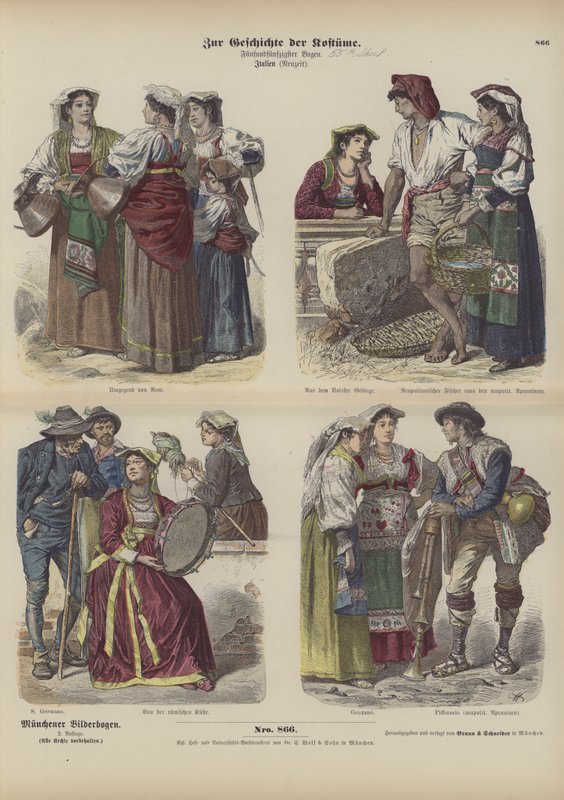 Italské kostýmy, konec 19. století (barevná rytina) od German School