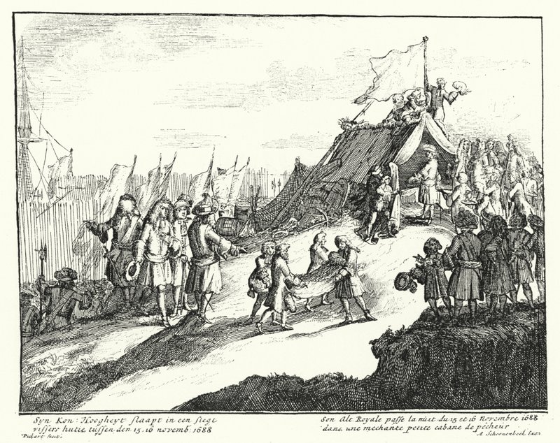Anglický Jakub II. tráví noc z 15. na 16. listopadu 1688 v chudé rybářské chýši (rytina) od German School