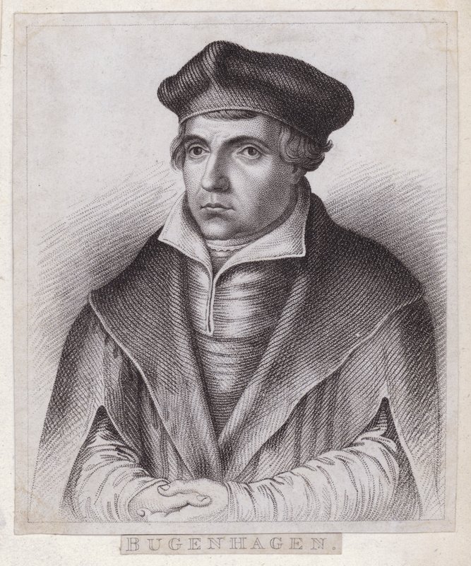 Johannes Bugenhagen (Doctor Pomeranus), německý kněz a teolog, který uvádí protestantskou reformaci do Pomořanska a Dánska (rytina) od German School