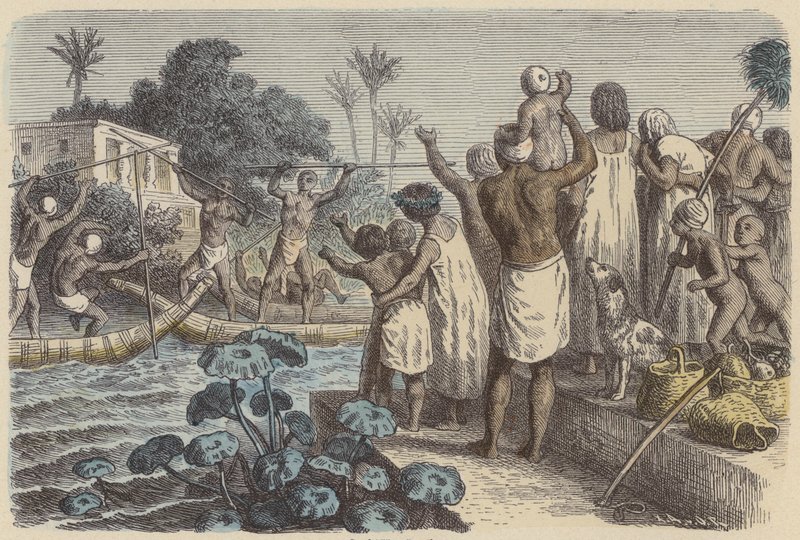 Rytířské souboje na lodích ve starověkém Egyptě (barevné rytí) od German School