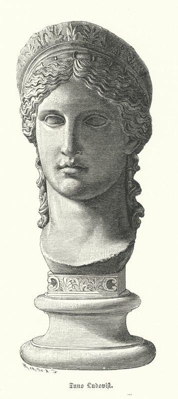 Juno Ludovisi, starořímská kolosální mramorová hlava zobrazující Antoninu Minor, dceru Marka Antonia a Octavie Minor, jako bohyni Juno (rytina) od German School