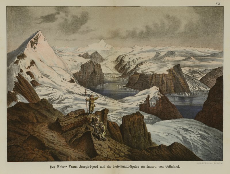 Kaiser Franz Joseph Fjord a Petermann Peak, Grónsko (barevné lito) od German School