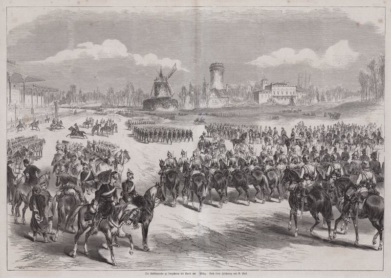 Německý císař Wilhelm I. sledoval svou vojenskou přehlídku v Longchamp, Paříž, Francie, březen 1871 (rytina) od German School