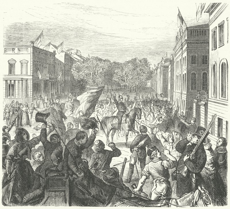 Pruský král Fridrich Vilém IV na cestě kolem Berlínské univerzity na hromadný pohřeb civilistů zabitých při nepokojích, 21. března 1848 (rytina) od German School
