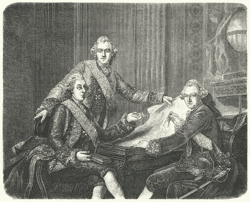 Švédský král Gustav III po poradě se svými bratry Karlem a Frederickem Adolfem (rytina) od German School