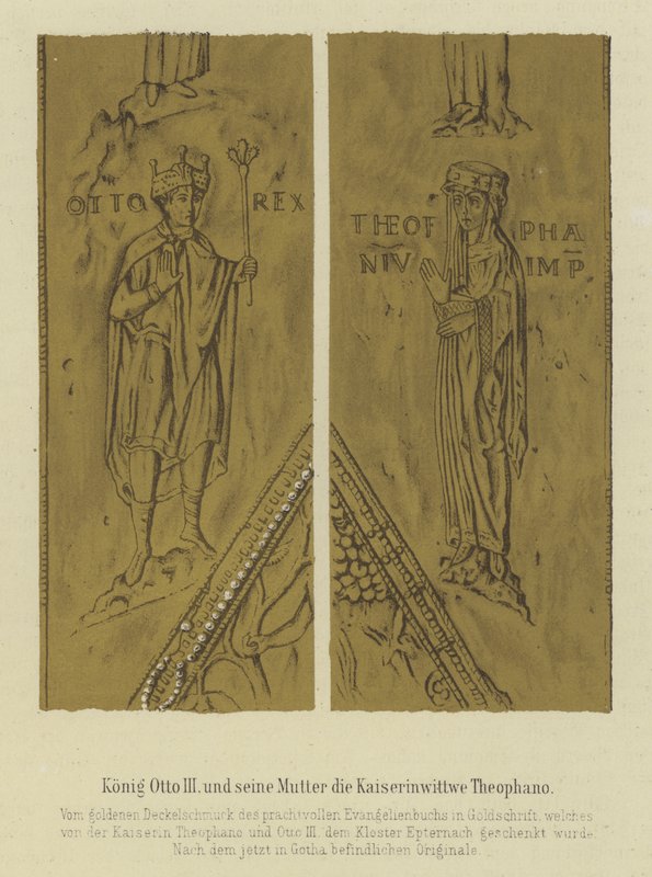 Král Otto III a jeho matka Theophania, císařovna choť Otty II, císař Svaté říše římské (barva litho) od German School