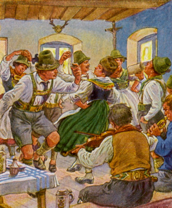 Kirchweihtanz / Kostelní slavnostní tanec (barevná litografie) od German School