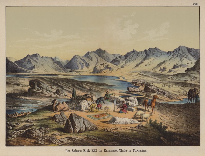 Solné jezero Kiuk Kiol v údolí Karakash, Turkestán (barva litho) od German School