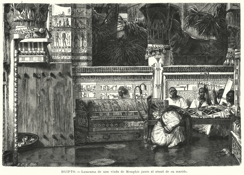 Nářek vdovy vedle rakve jejího manžela v Memphisu, starověký Egypt (litho) od German School