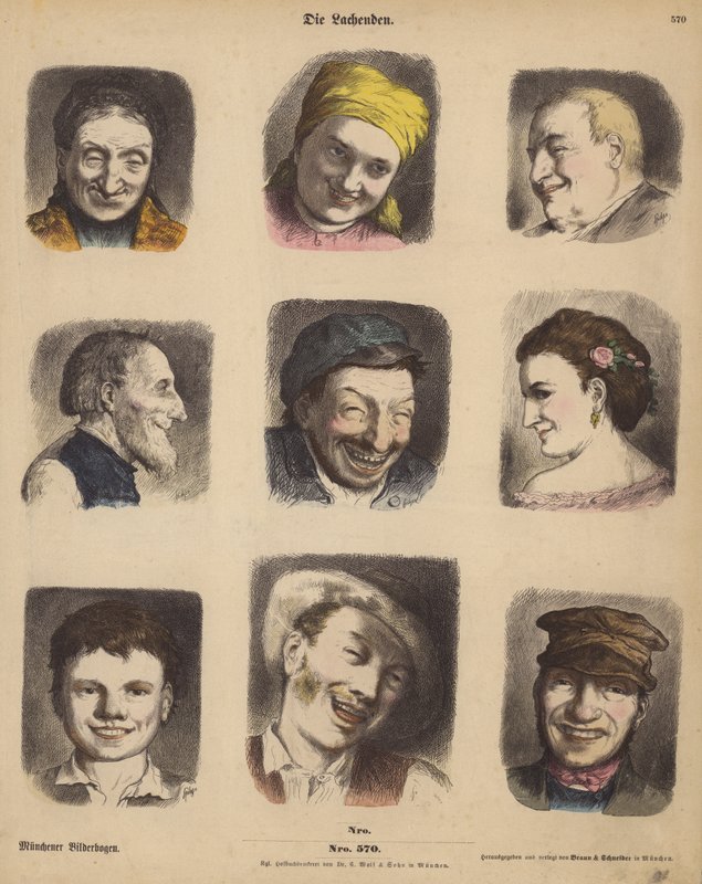 Smějící se tváře (barevné gravírování) od German School