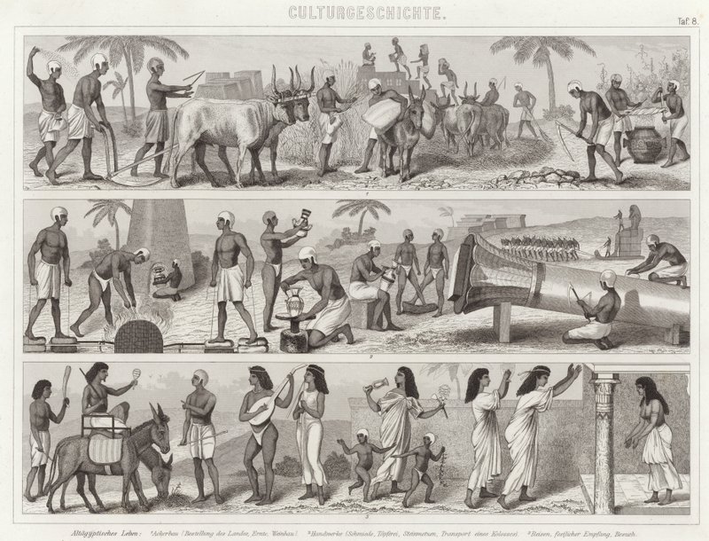 Život ve starověkém Egyptě. Ilustrace pro Bilder-Atlas (rytina) od German School