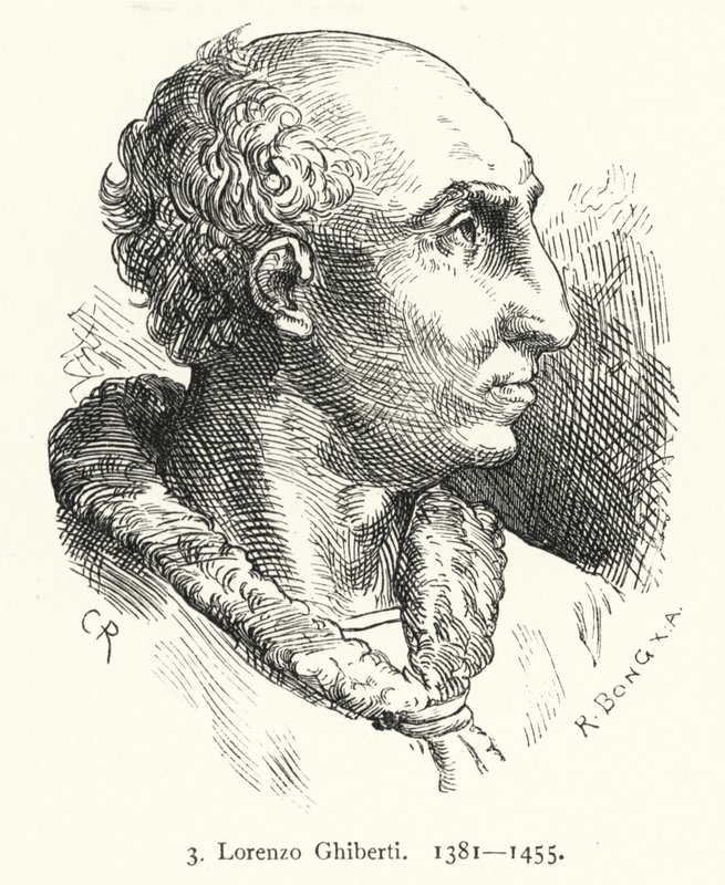 Lorenzo Ghiberti, florentský raně renesanční umělec, který navrhl bronzové dveře florentského baptisteria (rytina) od German School