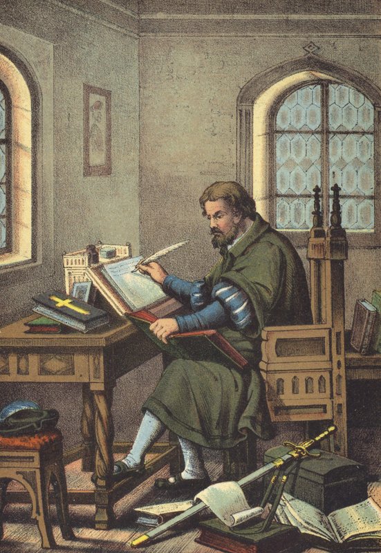 Luther převlečený za Junkera Jorga ve Wartburgském překladu Nového zákona (chromolitho) od German School