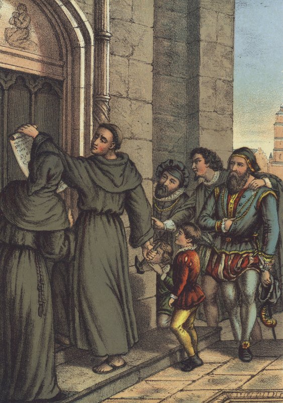 Luther přibil svých 95 tezí na dveře kostela Všech svatých ve Wittenbergu (chromolitho) od German School