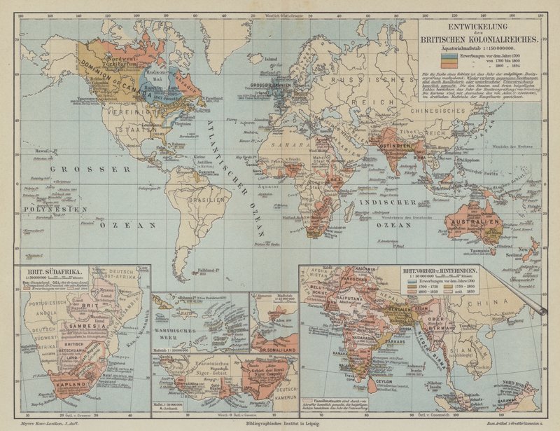 Mapa znázorňující expanzi Britského impéria od German School