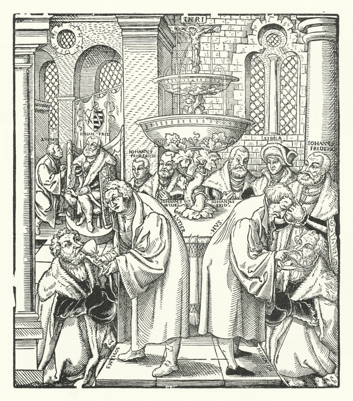 Martin Luther a Jan Hus podávající svaté přijímání saské královské rodině (rytina) od German School