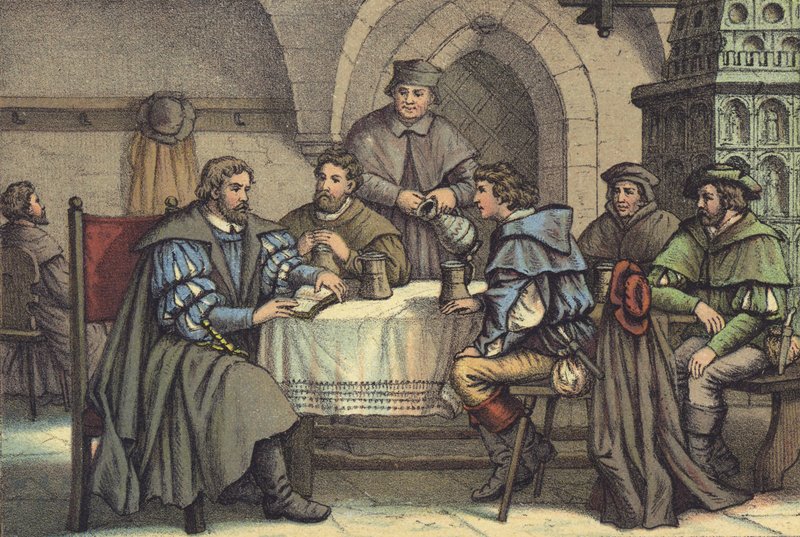 Martin Luther v rozhovoru se studenty v Gasthof der Baren, Jena (chromolitho) od German School