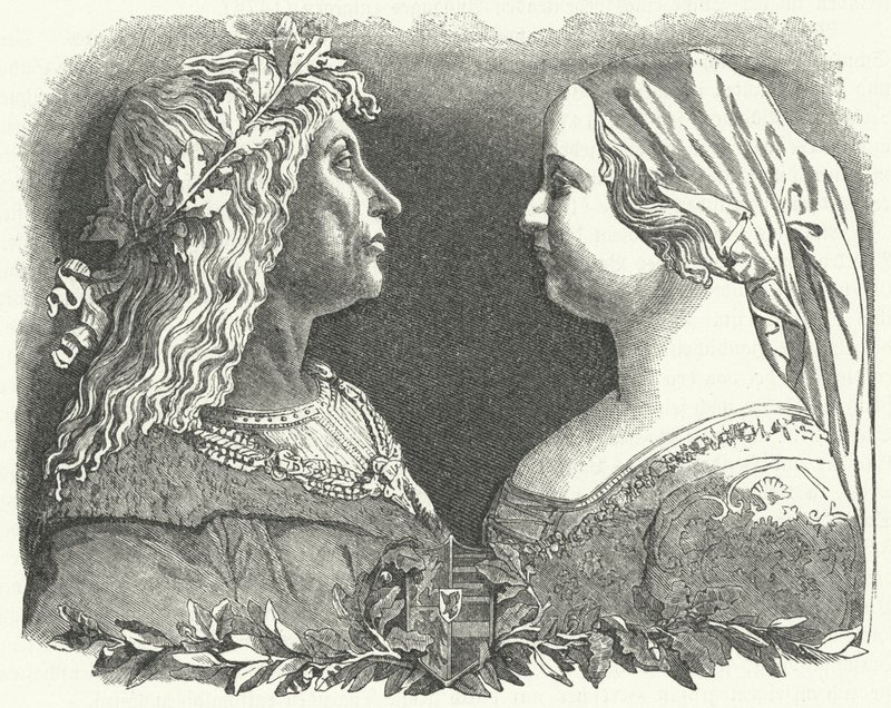 Matyáš Korvín, král uherský, a jeho královna Beatrice Neapolská (rytina) od German School