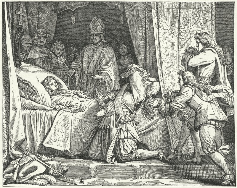 Maxmilián II Emmanuel, bavorský kurfiřt, u smrtelného lože svého syna Josefa Ferdinanda od German School