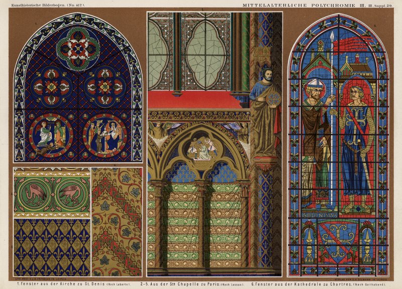 Středověká francouzská vitrážová okna: Kostel St Denis, Paříž; Sainte Chapelle, Paříž; Katedrála v Chartres (barevné lito) od German School