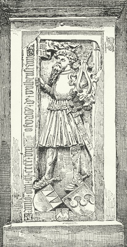 Pamětní kámen v katedrále v Brixen německého básníka a diplomata Oswalda von Wolkenstein (rytina) od German School