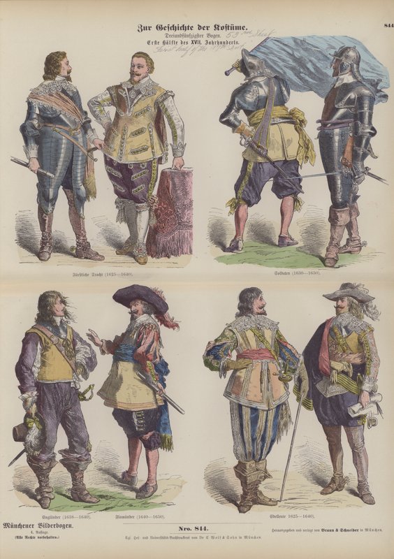 Pánské kroje první poloviny 17. století (barevná rytina) od German School