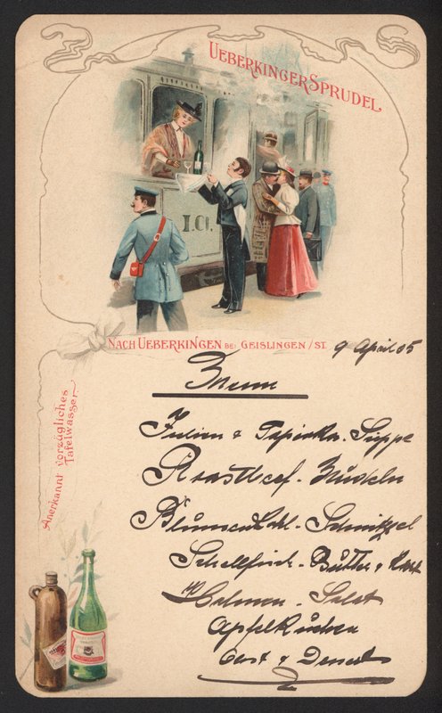 Jídelní lístek reklama perlivá minerální voda Ueberkinger (barva lito) od German School