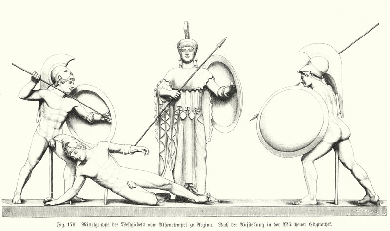 Střední skupina ze západního štítu starověkého řeckého chrámu Athény na ostrově Aegina (rytina) od German School