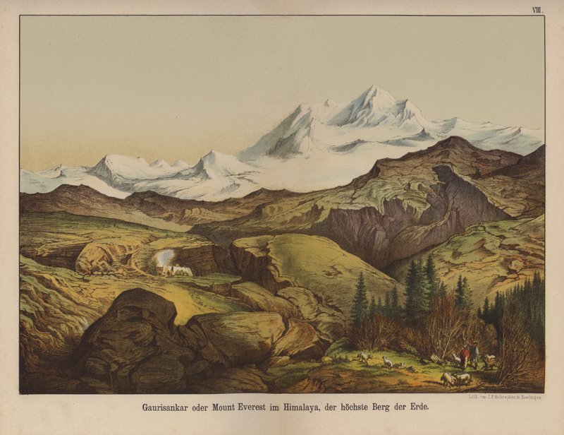 Mount Everest, nejvyšší hora na Zemi (barva litho) od German School