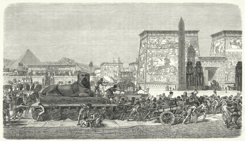 Přesouvání sochy ve starověkém Egyptě (rytina) od German School