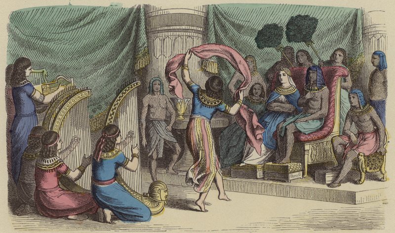 Hudebníci a tanečníci vystupující před faraónem ve starověkém Egyptě (barevná rytina) od German School