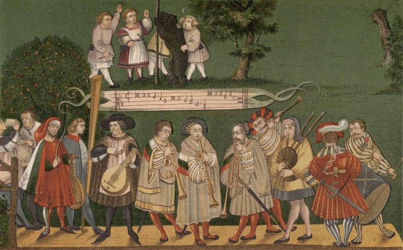 Hudebníci z Augsburgu, Německo, hrající pro tanečníky Geschlechtertanz, 1520 od German School