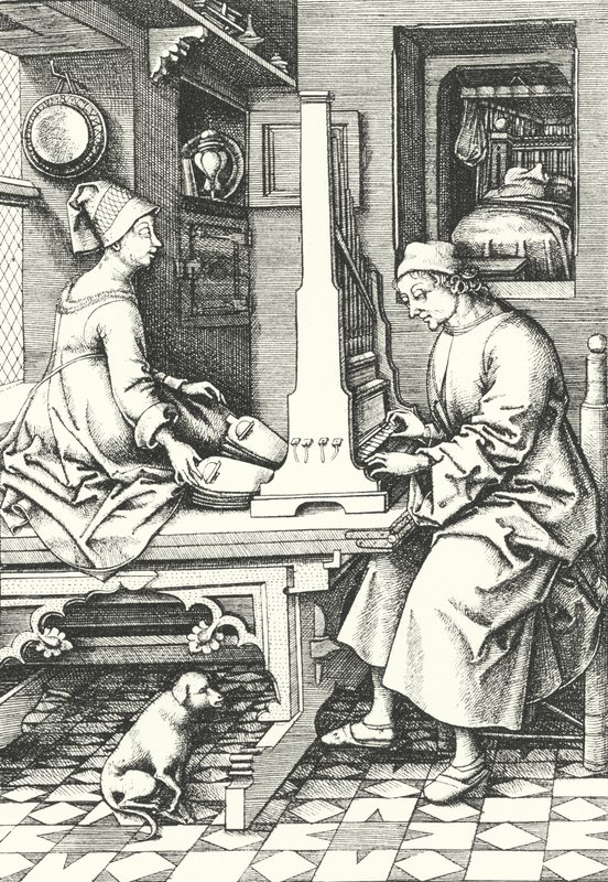 Hudebníci hrající na varhany ve venkovském domě v 15. století (rytina) od German School
