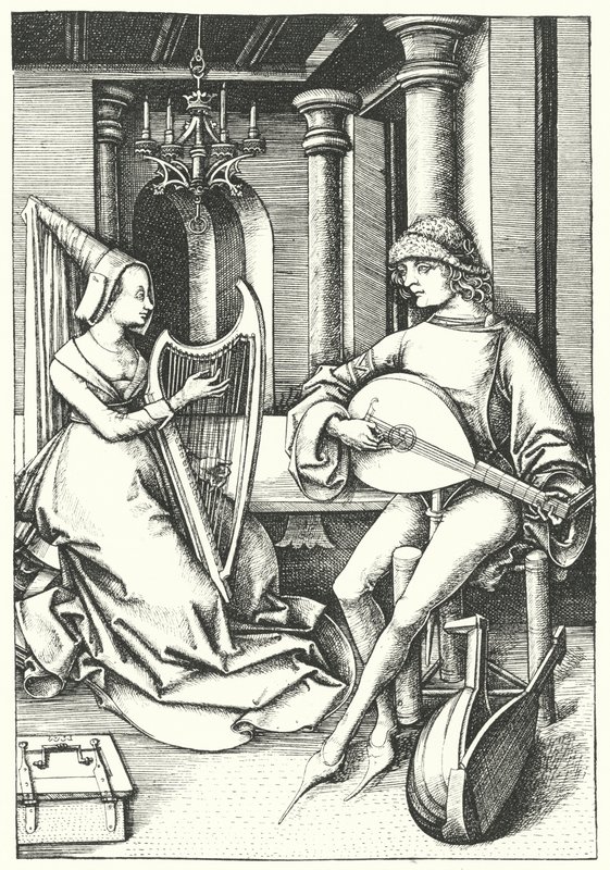 Hudebníci hrající na loutnu a harfu ve venkovském domě v 15. století (rytina) od German School