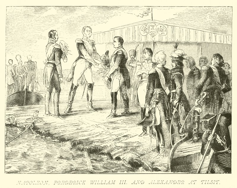 Napoleon, Frederick William III a Alexander v Tilsitu od German School