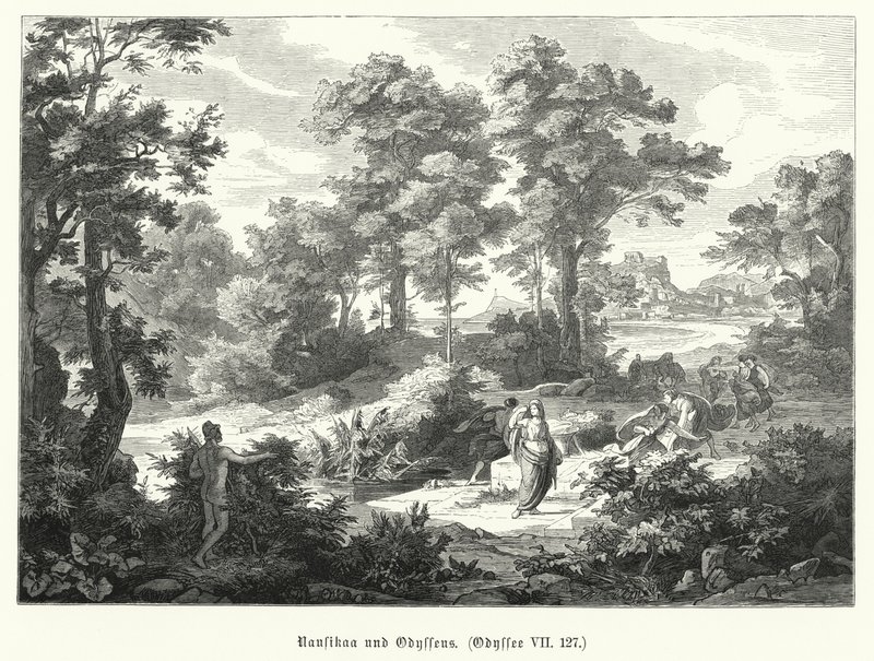 Nausicaa a Odysseus, scéna z Homérovy Odyssey (rytina) od German School