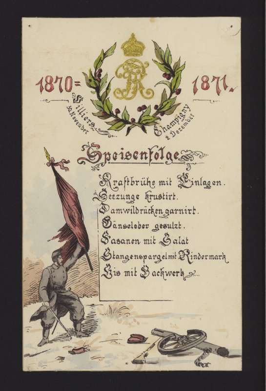 Novoroční bankety pořádané okupačními Němci ve Villiers a Champigny, Paříž, 30. prosince 1870 a 2. ledna 1871 (barevné lito) od German School