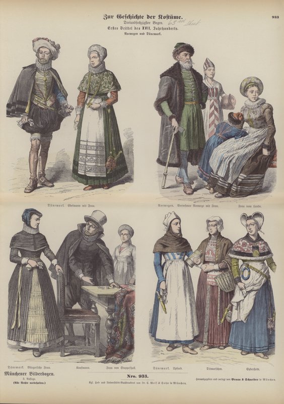 Norské a dánské kostýmy, začátek 17. století (barevná rytina) od German School