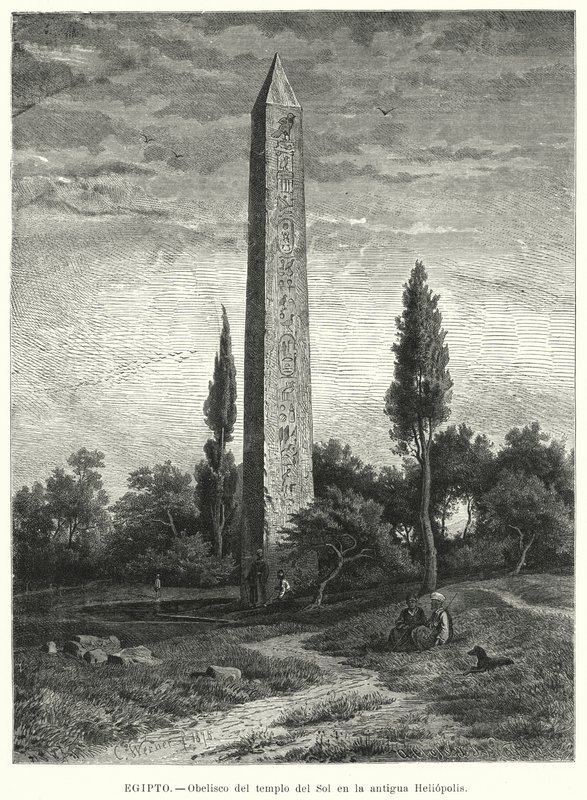 Obelisk starověkého egyptského chrámu Slunce v Heliopolis (litho) od German School