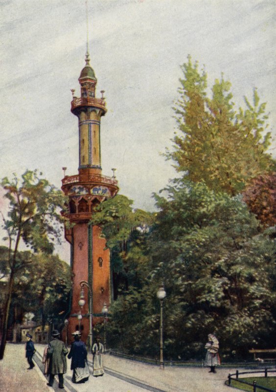 Vyhlídková věž, Berlínská zoologická zahrada, Německo (barva litho) od German School