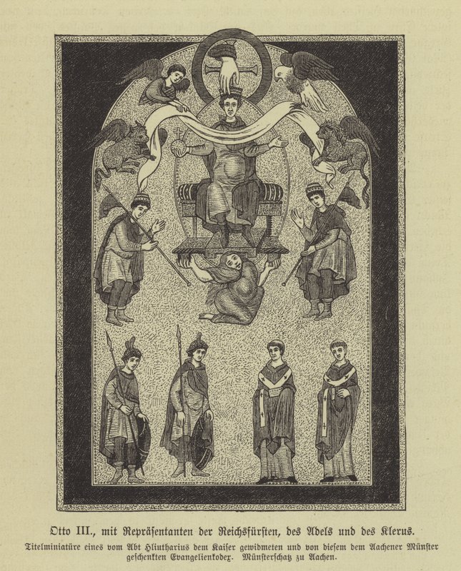 Otto III, císař Svaté říše římské, se zástupci knížat, šlechty a duchovenstva (rytina) od German School